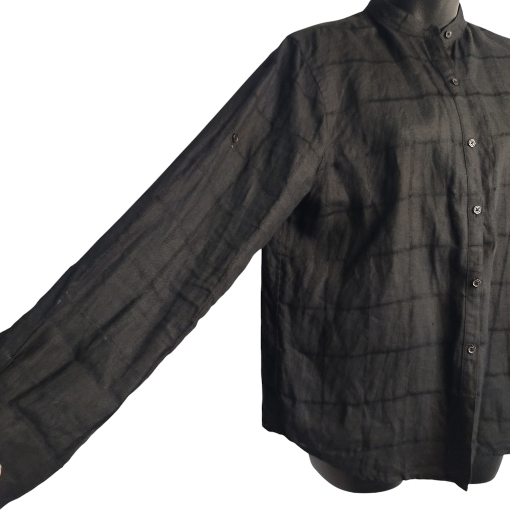 Lauren Ralph Lauren Women's Black Linen Button Up Roll-up Tab Sleeve Shirt Sz PL - Picture 5 of 7